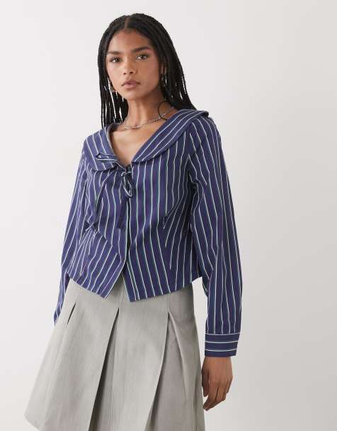 Reclaimed Vintage – Kurz geschnittene Hemdbluse in blau und grün gestreift mit Kragen und geschnürter Vorderseite - view 1