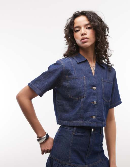 Reclaimed Vintage – Kurzärmliges Cropped-Jeanshemd in Indigoblau, Kombiteil, 1 von 4
