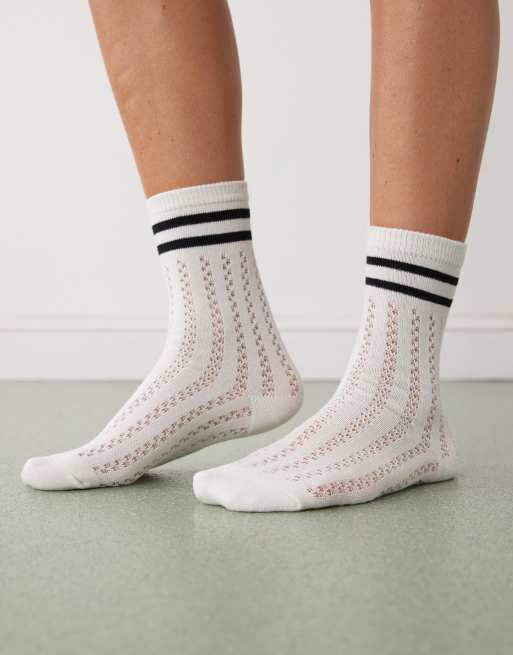 Reclaimed Vintage lace ankle sock with sporty stripe in white