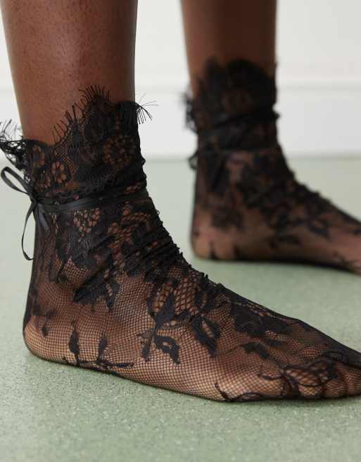 Reclaimed Vintage lace ankle sock with tie in black, 3 of 3