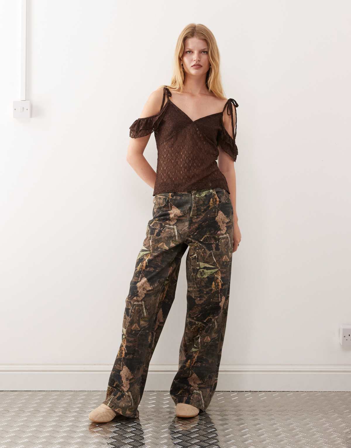 Reclaimed Vintage lace cami lace top with sleeve detail in brown