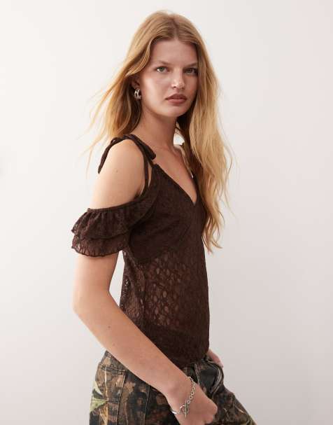 Reclaimed Vintage lace cami top with sleeve detail in brown - view 1