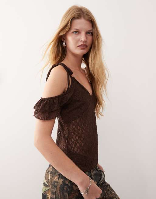 Reclaimed Vintage lace cami top with sleeve detail in brown