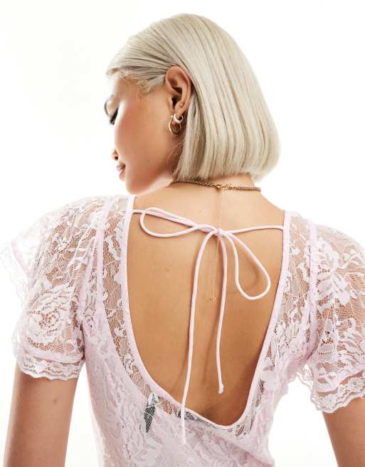 Reclaimed Vintage lace dress with slip in pink | ASOS