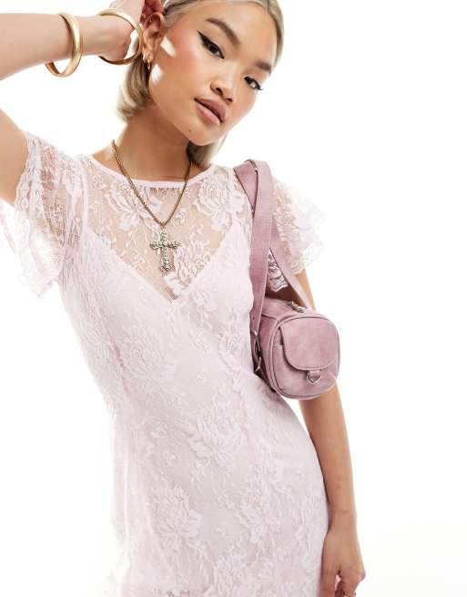 Reclaimed Vintage lace dress with slip in pink ASOS
