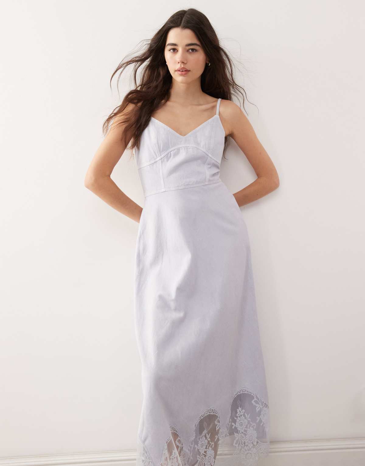 Reclaimed Vintage lace insert denim strappy midi dress