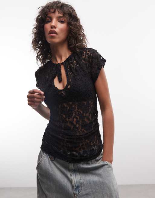 Reclaimed Vintage lace keyhole front top in black, 3 of 4