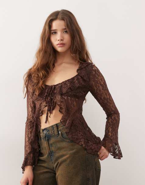 Reclaimed Vintage lace long sleeve ruffle top in chocolate brown - view 1