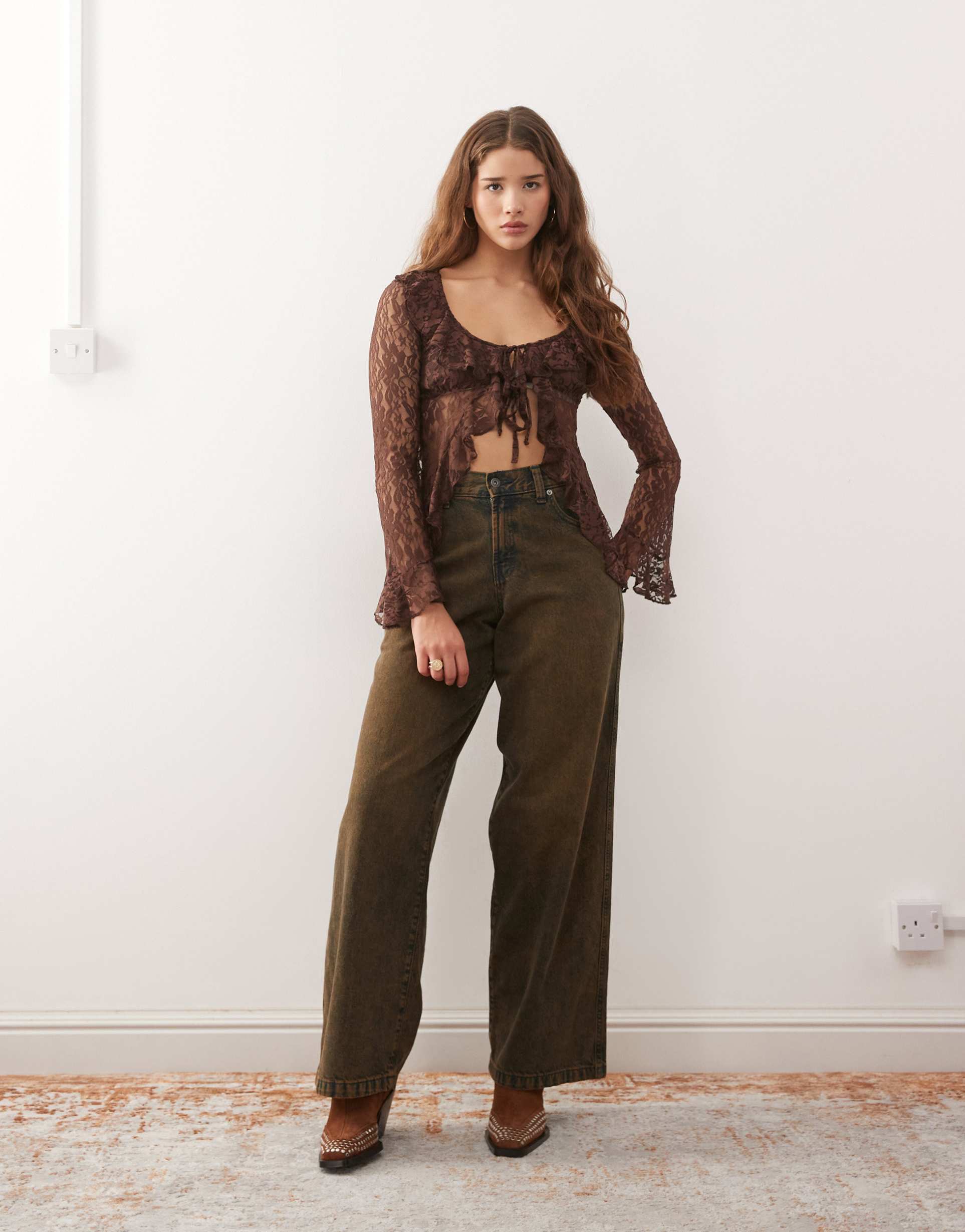 reclaimed vintage lace long sleeve ruffle top in chocolate brown