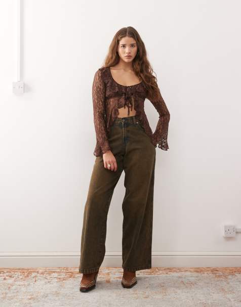 Reclaimed Vintage lace long sleeve ruffle top in chocolate brown