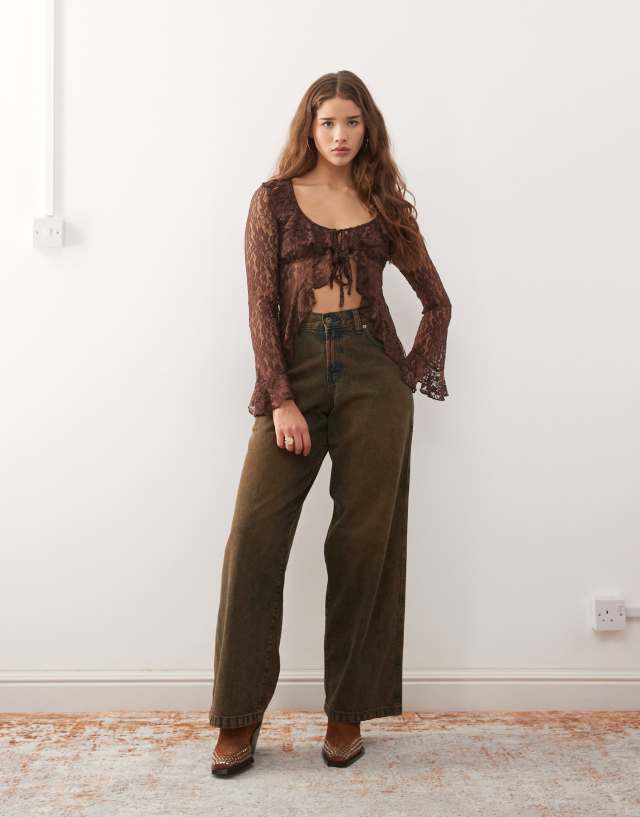 Reclaimed Vintage lace long sleeve ruffle top in chocolate brown