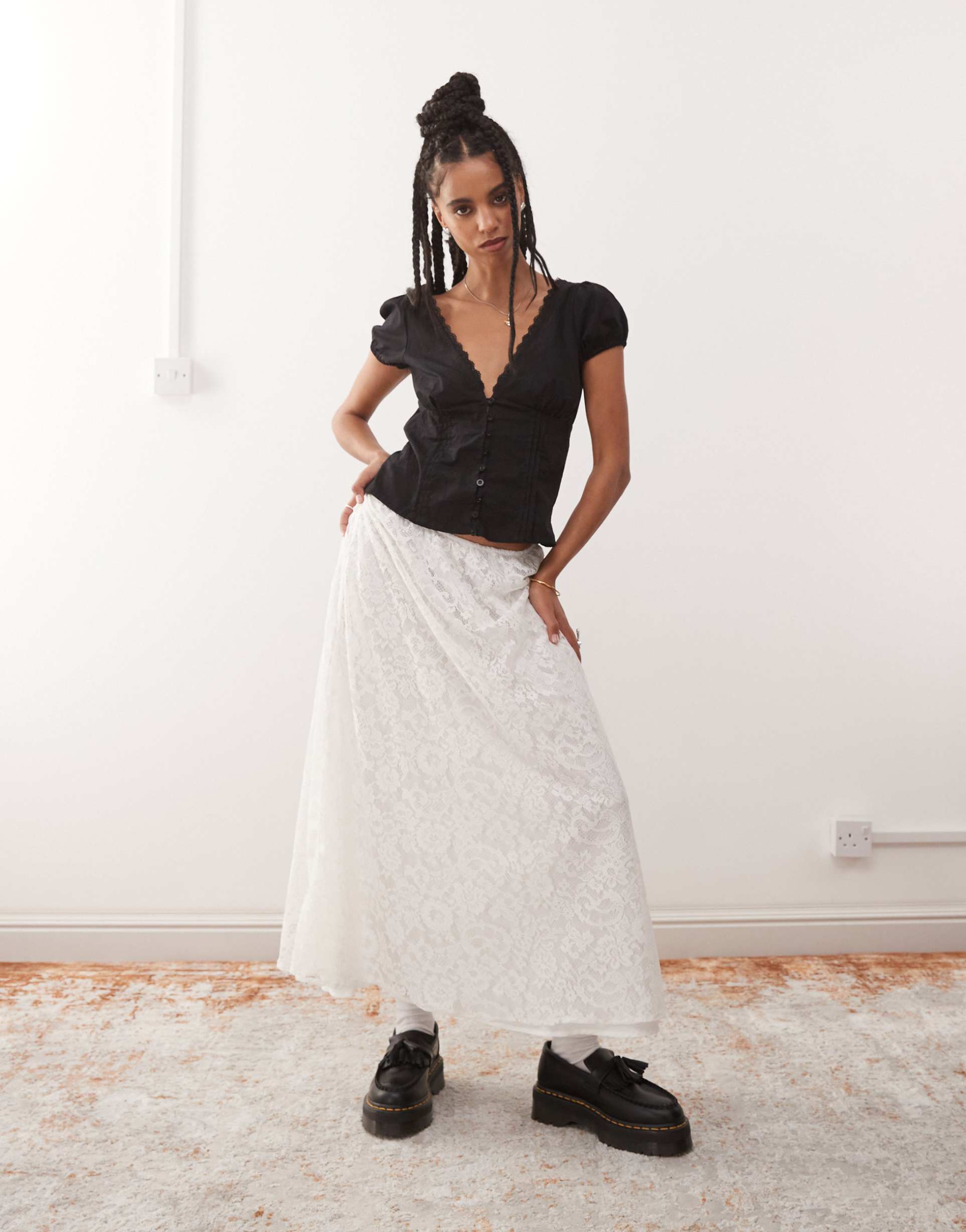 reclaimed vintage lace maxi skirt with lining in ivory