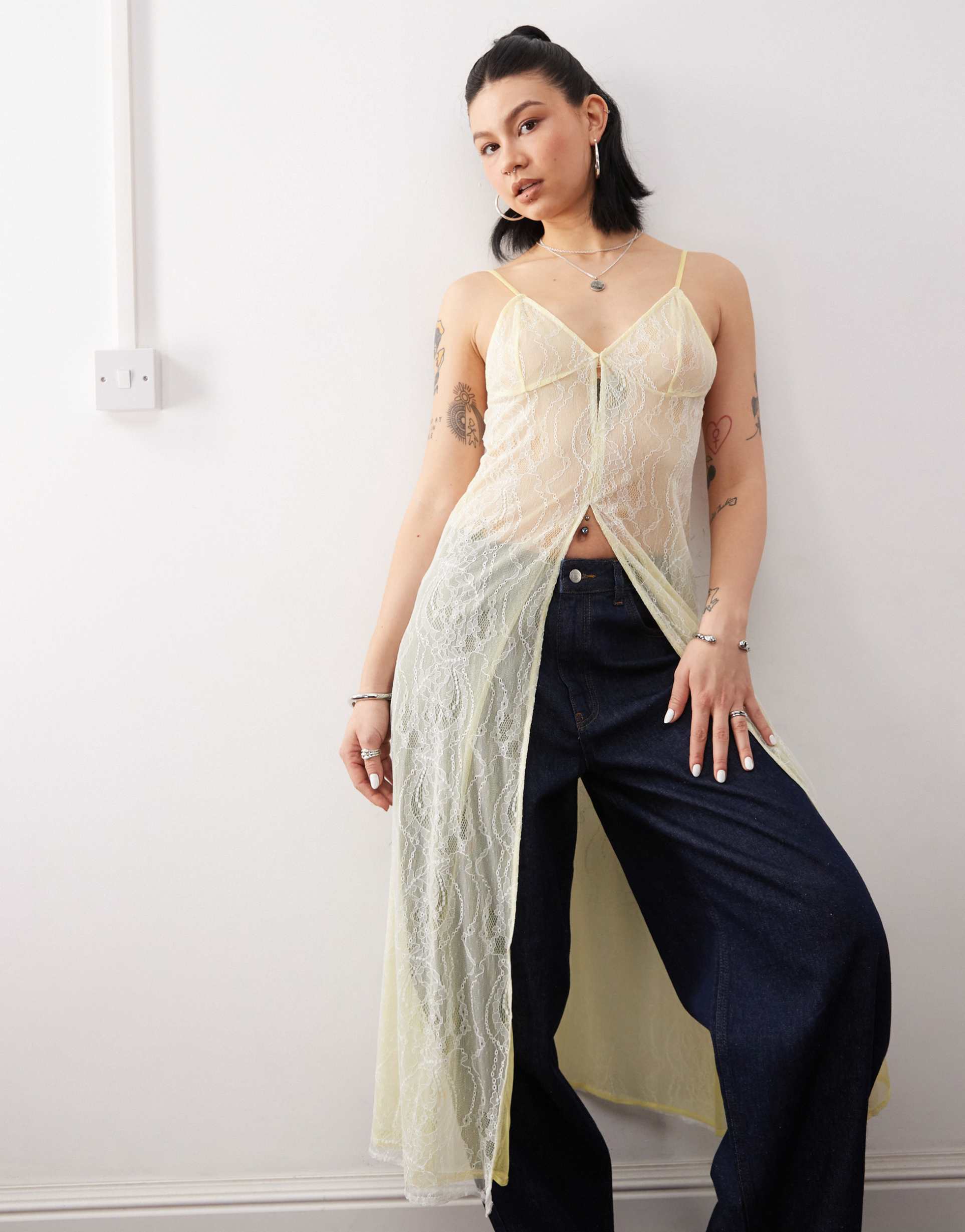 reclaimed vintage lace mesh maxi layering dress in yellow