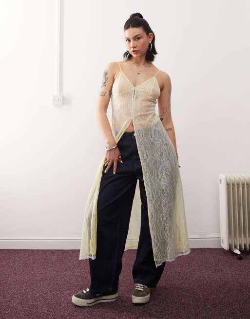 Reclaimed Vintage lace mesh maxi layering dress in yellow