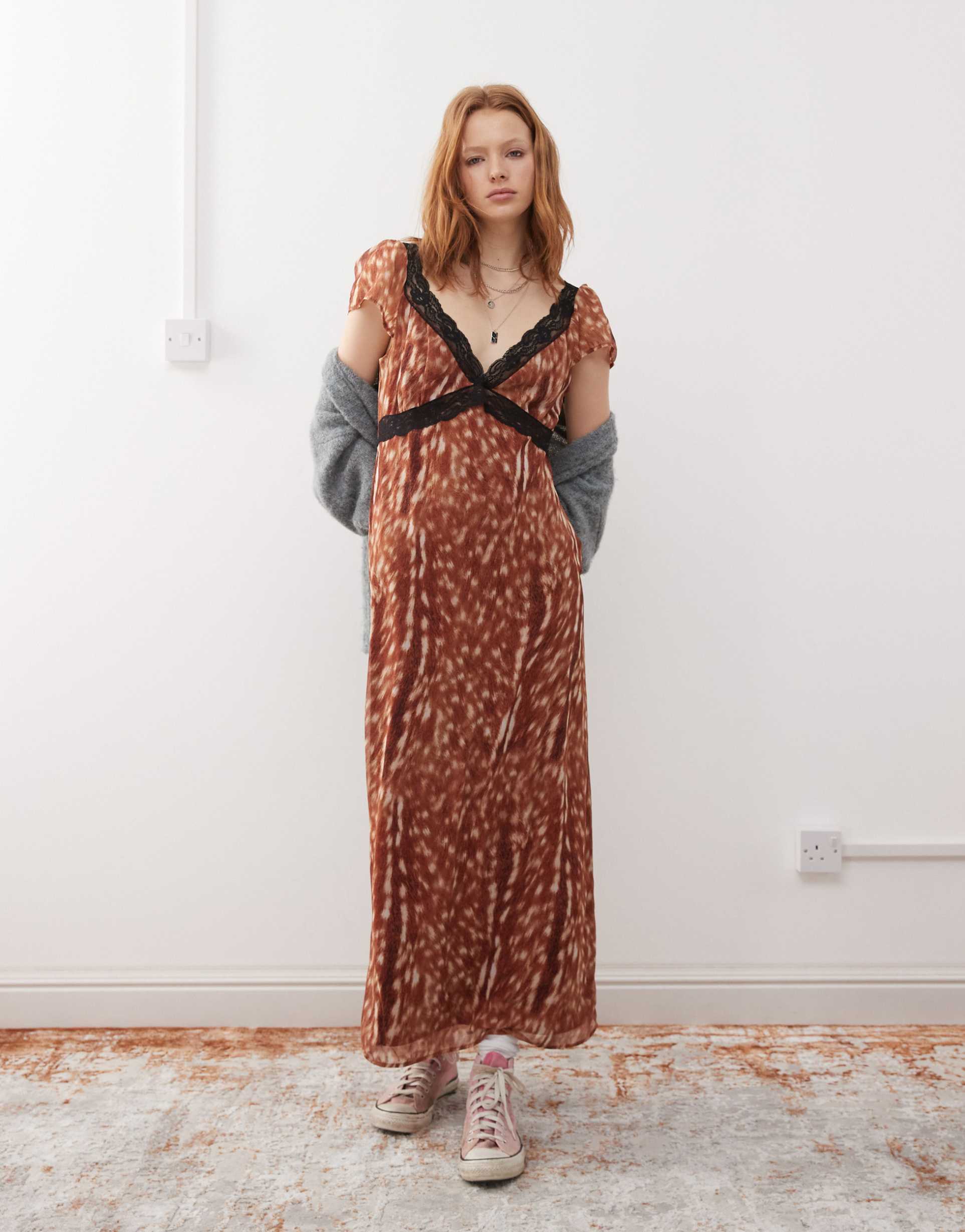 reclaimed vintage lace mix maxi dress in deer print