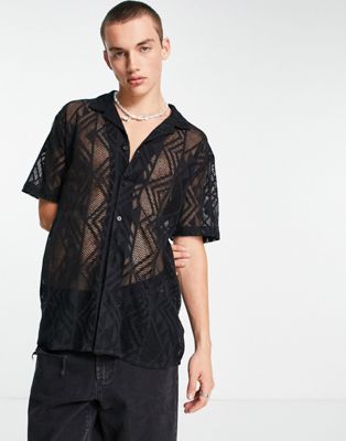 Reclaimed Vintage lace short sleeve shirt in black