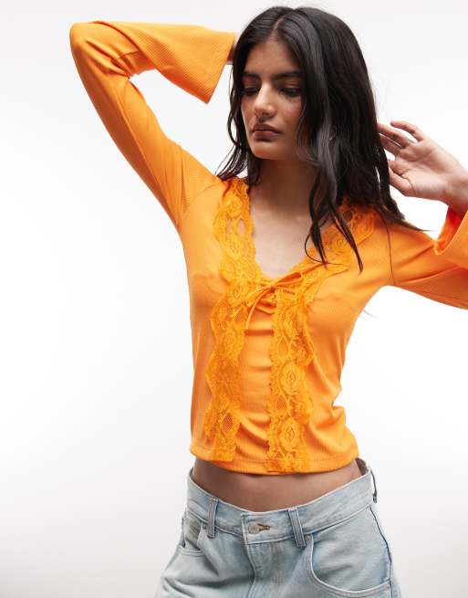 épine lace bare top & cardigan set Reclaimed Vintage lace tank top and cardigan set in orange micro