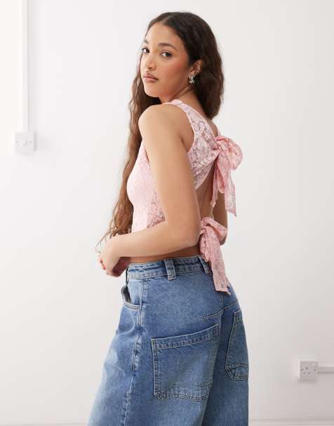Reclaimed Vintage lace tie back tank top in pink - view 1