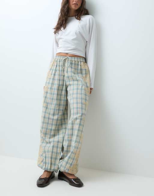 Reclaimed Vintage lace trim balloon pant in blue check, 1 of 5