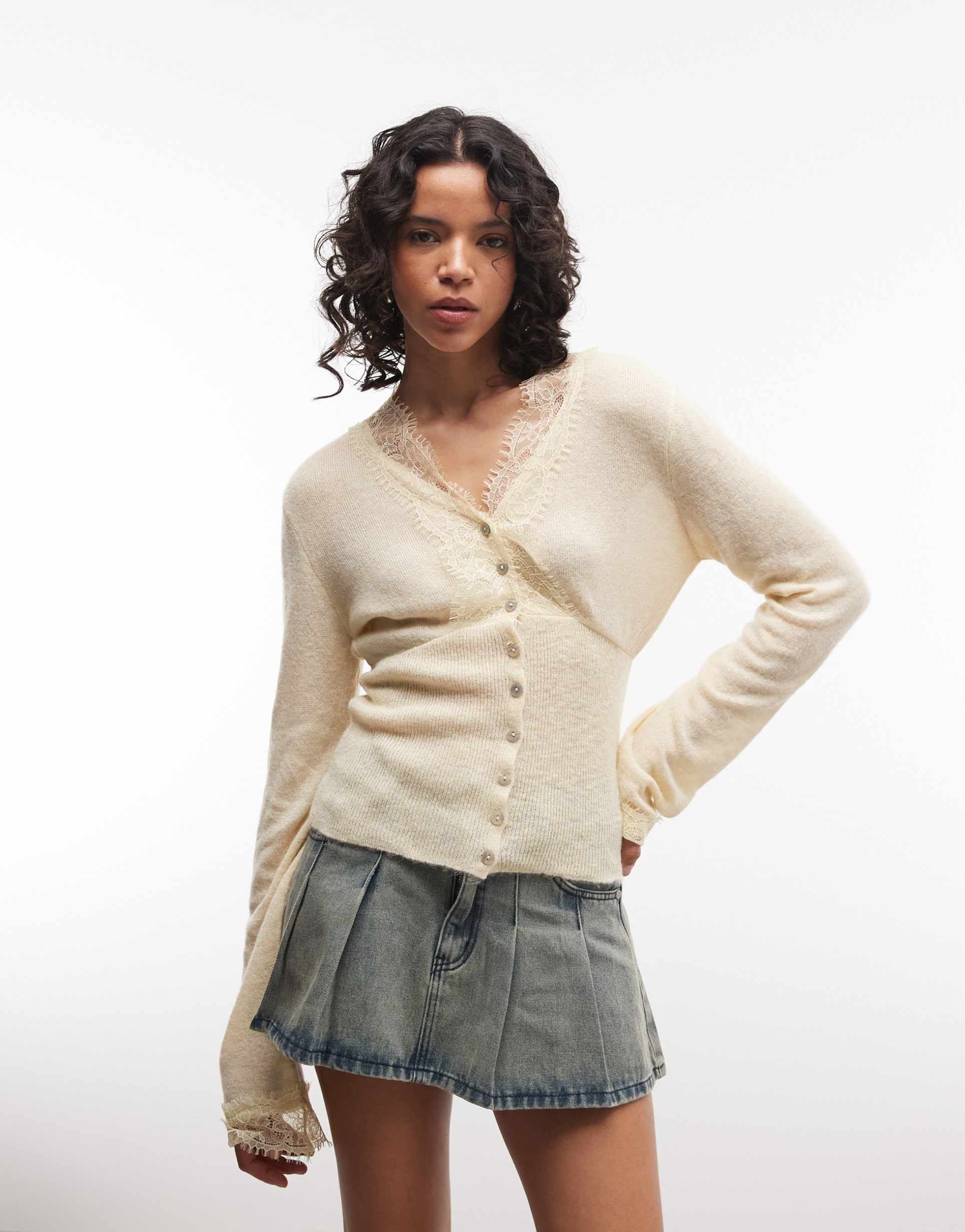 reclaimed vintage lace trim cardigan in butter yellow