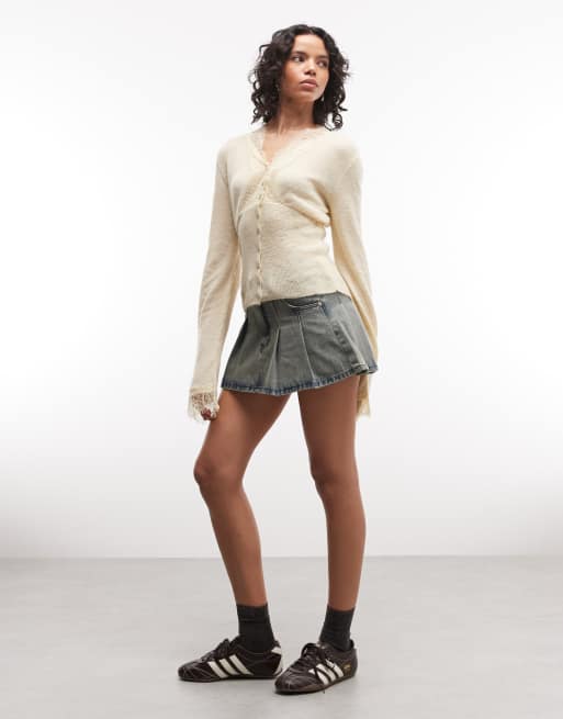 Reclaimed Vintage lace trim cardigan in butter yellow, 2 of 4