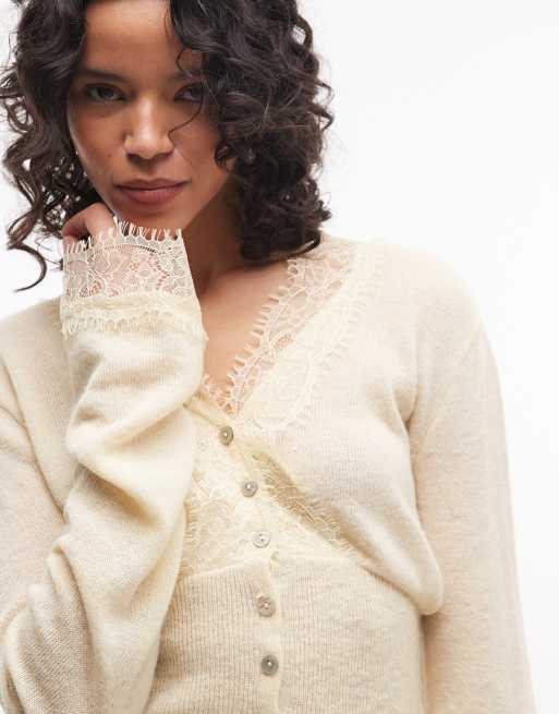 Reclaimed Vintage lace trim cardigan in butter yellow, 3 of 4