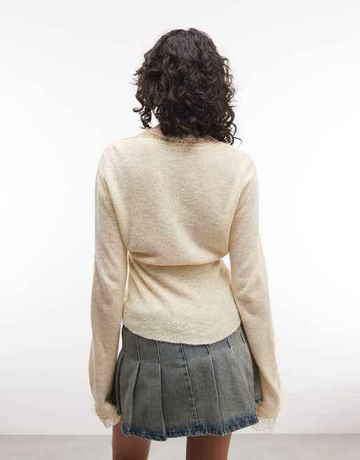 Reclaimed Vintage lace trim cardigan in butter yellow, 4 of 4