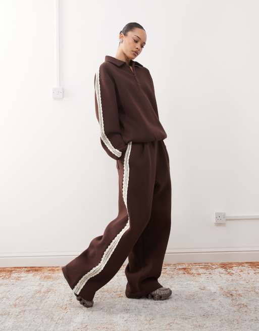 RECLAIMED VINTAGE lace trim jogger co ord in brown