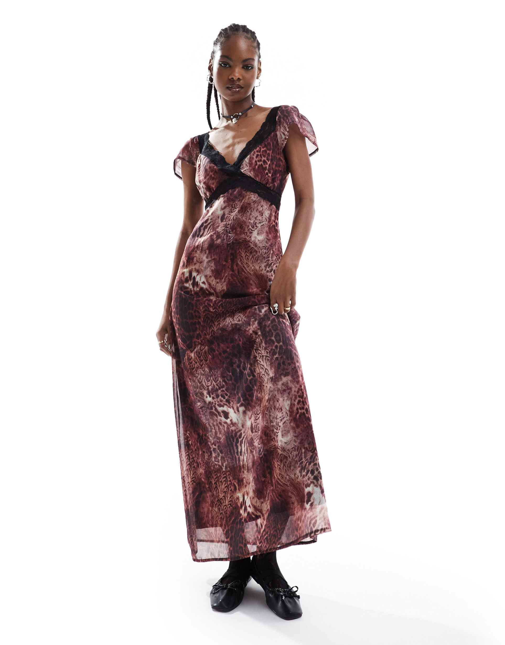 reclaimed vintage lace trim midi dress in animal print