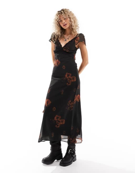 Reclaimed Vintage slip dress with lace inserts in black floral