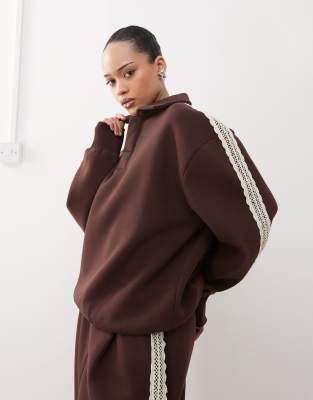 Reclaimed Vintage lace trim polo sweatshirt co-ord in brown