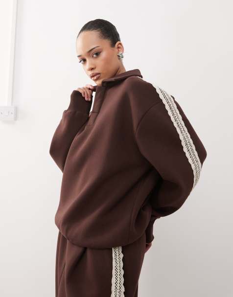Reclaimed Vintage lace trim polo sweatshirt co-ord in brown - view 1