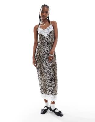 Reclaimed Vintage Lace Trim Slip Dress In Leopard Print-multi