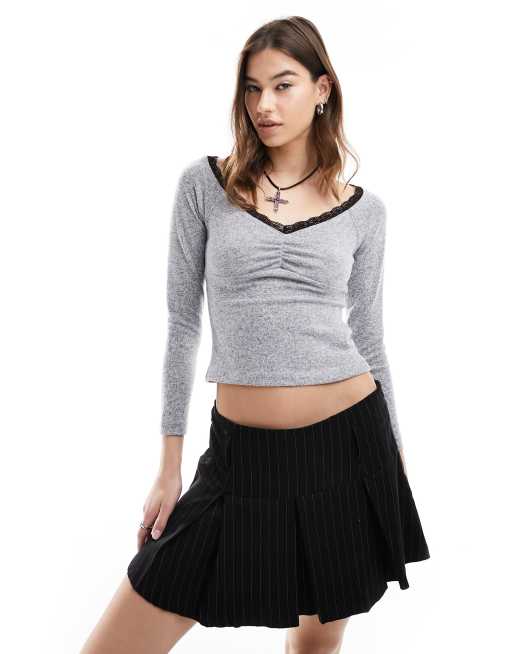 Reclaimed Vintage lace trim top in gray 