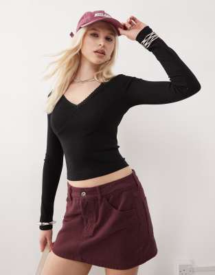 Reclaimed Vintage Lace Trim V-neck Long Sleeve Top In Black-brown