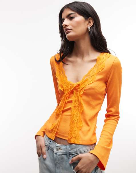 Reclaimed Vintage lace vest cardigan set in micro orange rib