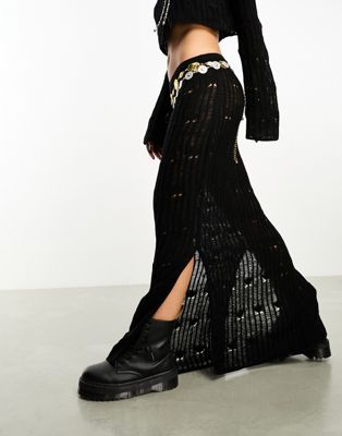 Reclaimed Vintage laddered diamond knit skirt in black