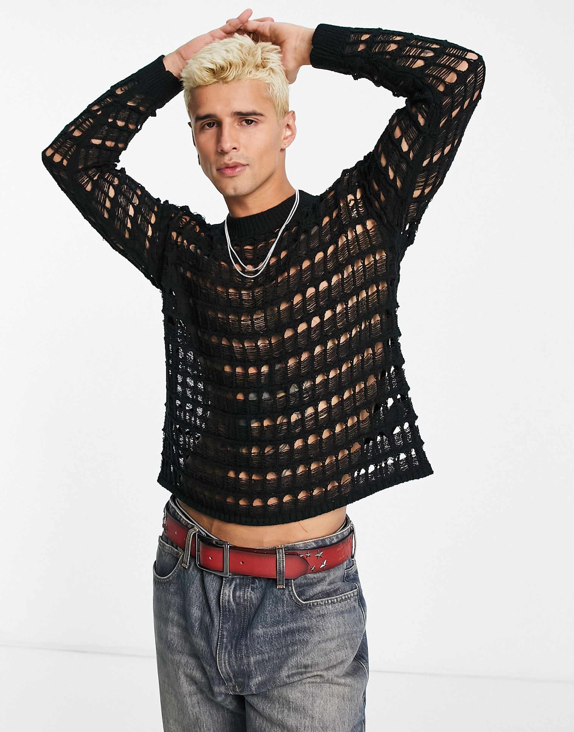Reclaimed Vintage laddered jumper in black view 2