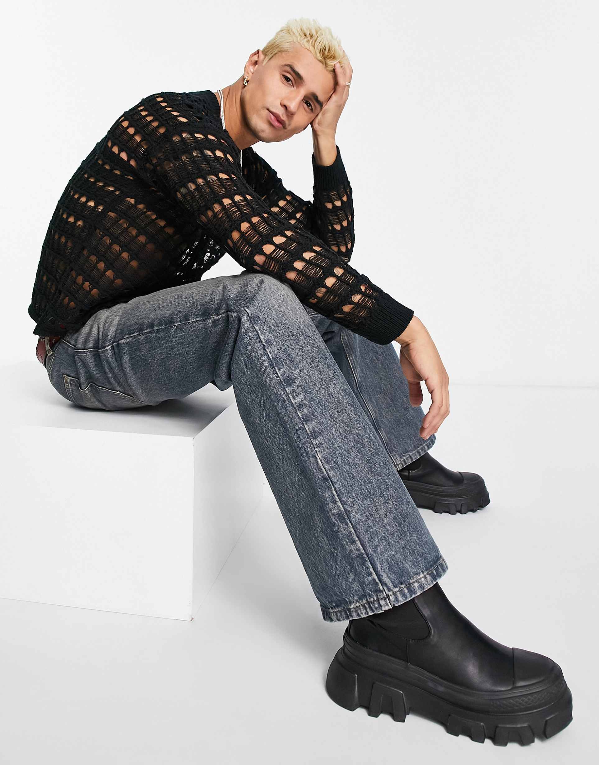 Reclaimed Vintage laddered jumper in black view 4