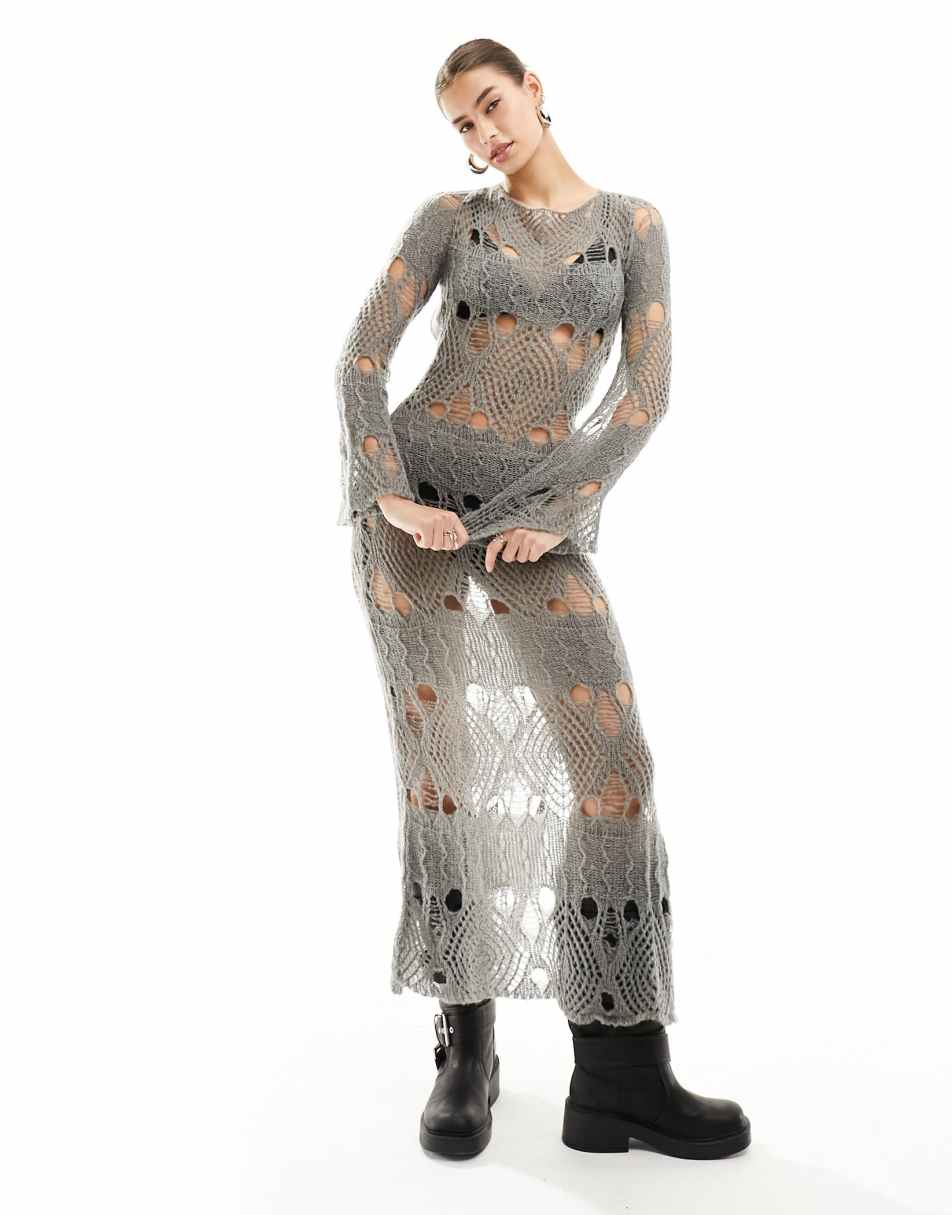 Reclaimed Vintage laddered knitted maxi dress with low back in grey