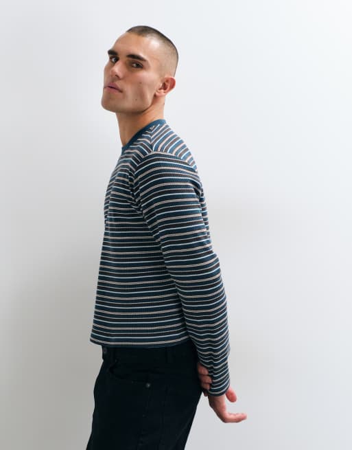 Reclaimed Vintage långärmad waffle-t-shirt i teal-randig, 4 av 5