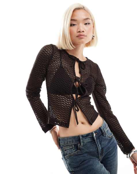 Reclaimed Vintage – Langärmlige, gehäkelte Strickjacke in Braun mit gebundener Vorderseite - view 1