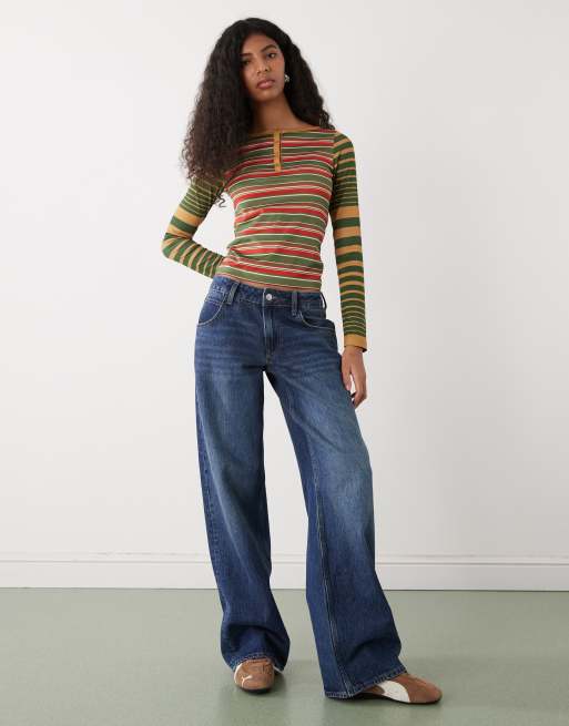 Reclaimed Vintage – Langärmliges Henley-Oberteil in Grün mit Streifenmuster, 2 von 4