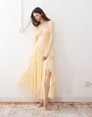 Reclaimed Vintage – Langärmliges Maxikleid in Buttergelb mit Rüschen - view 1