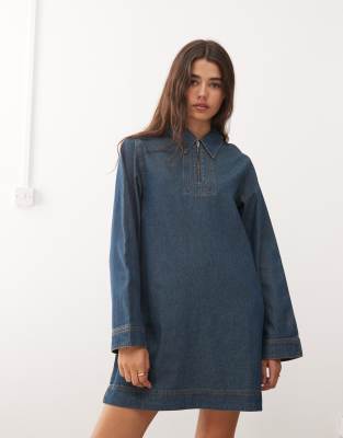 Reclaimed Vintage - Langärmliges Mini-Hemdblusenkleid aus Denim in Mittelblau