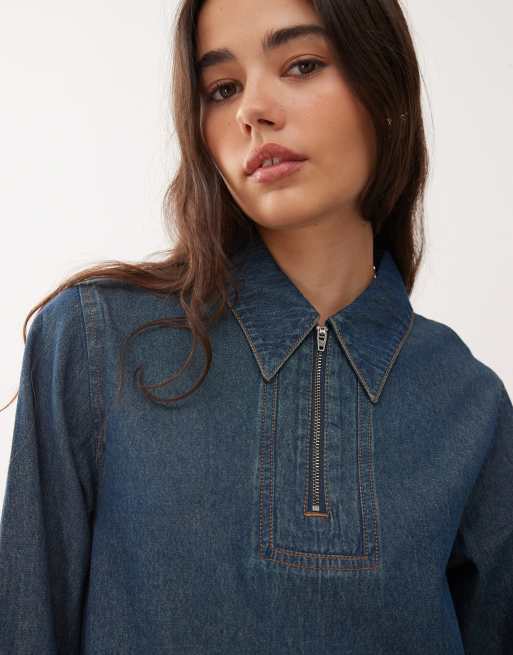 Reclaimed Vintage – Langärmliges Mini-Hemdblusenkleid aus Denim in Mittelblau, 2 von 4