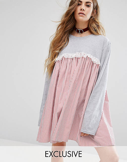 Reclaimed Vintage – Langärmliges T-Shirt-Kleid mit Kontrast-Saum