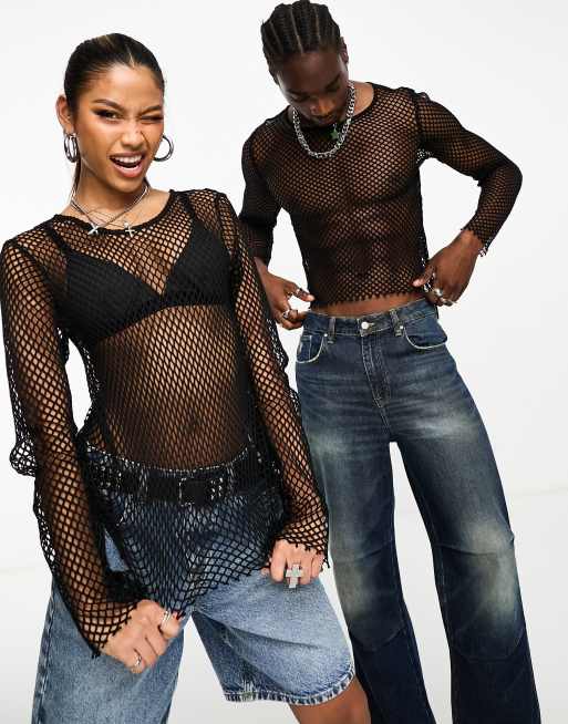 Reclaimed Vintage – Langärmliges Unisex-Oberteil aus Netzstoff in Schwarz