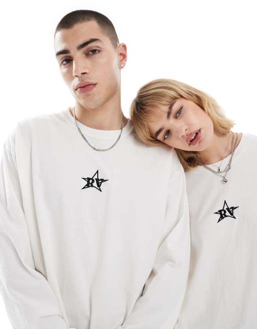 Reclaimed Vintage – Langärmliges Unisex-Oberteil in Weiß mit Logostickerei in Sternoptik