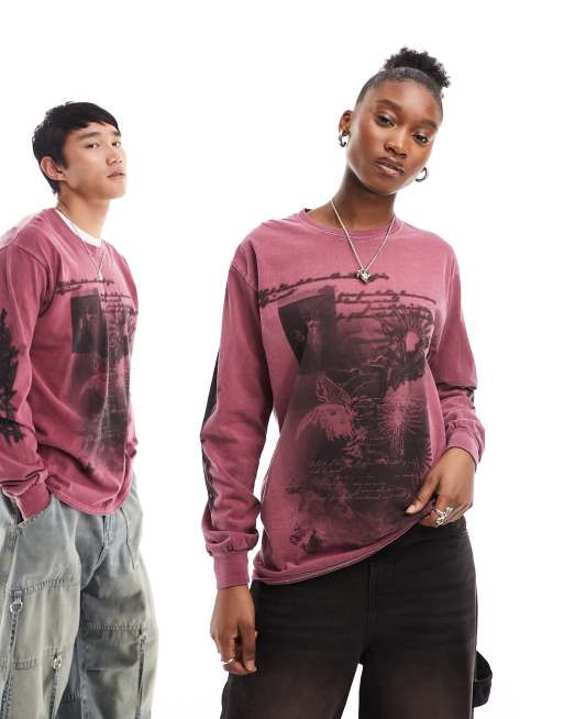Reclaimed Vintage – Langärmliges Unisex-T-Shirt in Burgunderrot mit Oversize-Passform und verblasster Grafik